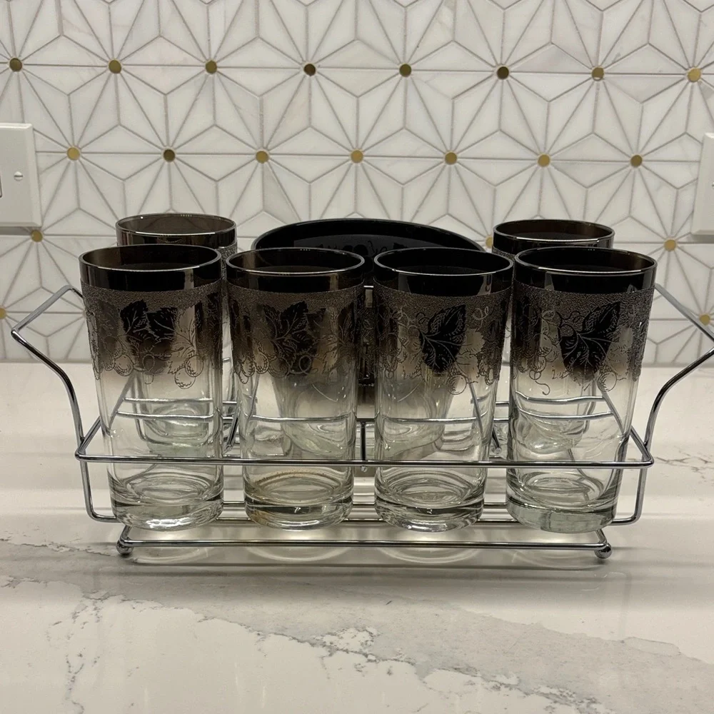 MCM Dorothy Thorpe Grape Pattern Silver Fade Ice Bucket & Six 12 Oz. Tumblers